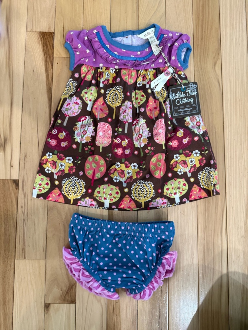 Matilda Jane Brown Tree Print Dress with Purple Yoke & Blue Polka Dot Bloomers